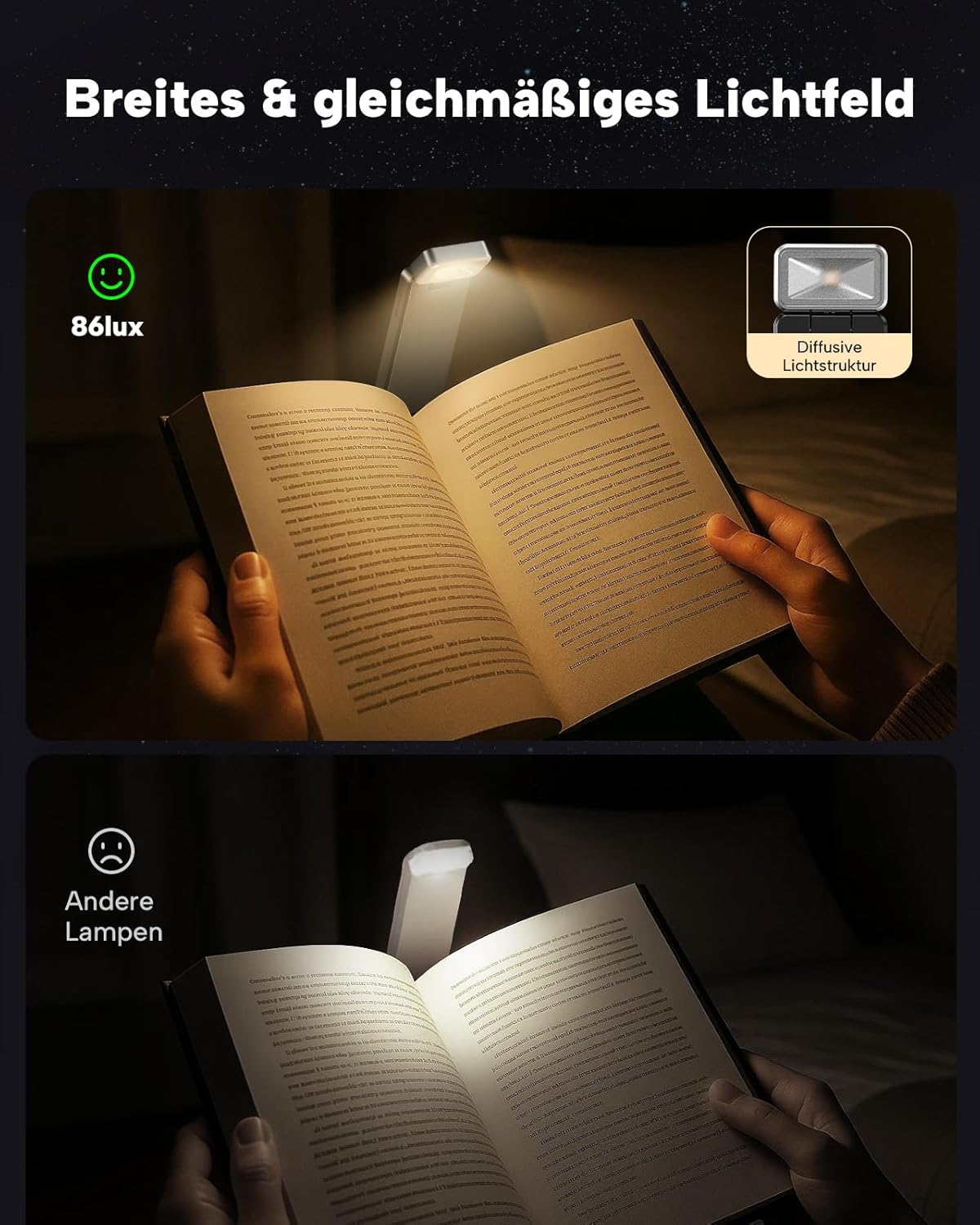 Thumbnail 1 de 86lux Leselampe Buch Klemme: Wiederaufladbare LED-Buchlampe zum Lesen im Bett