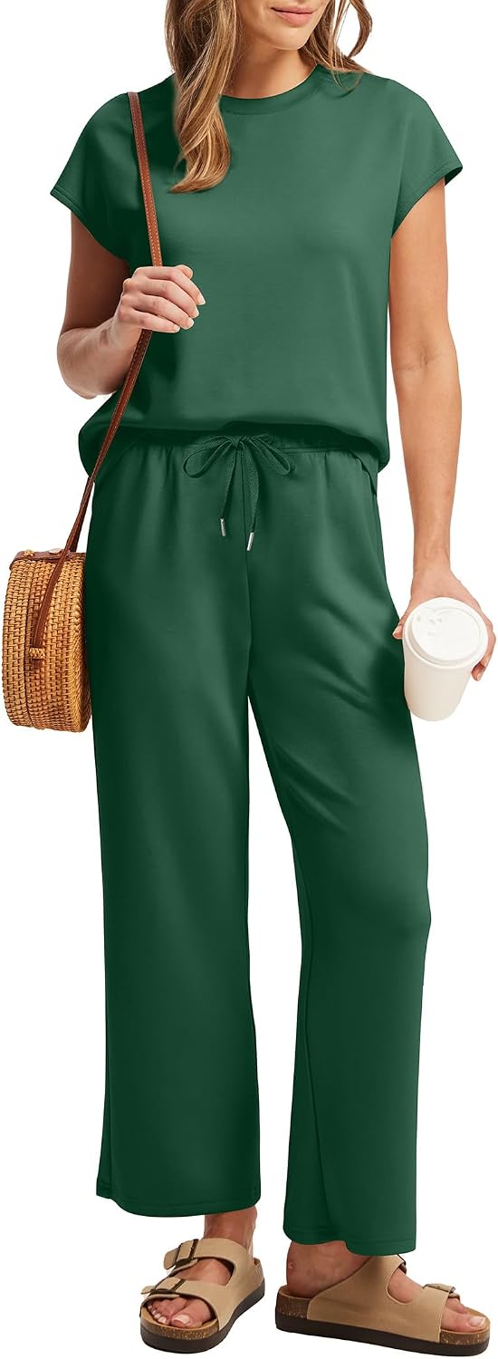 Detalle de Sampeel Two Piece Sets for Women: Cap Sleeve Tops & Wide-Leg Crop Pants for Summer Vacations