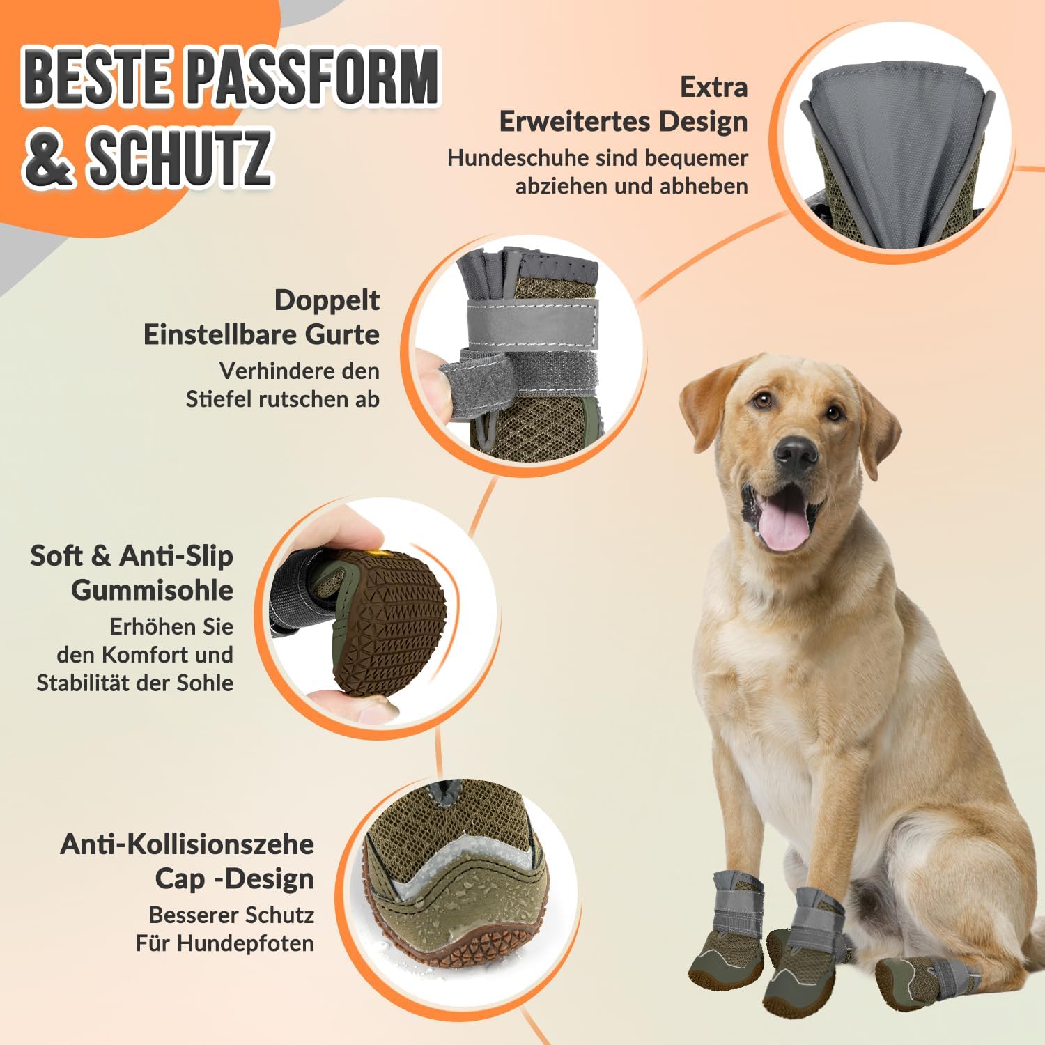 Detalle de Eyein Hundeschuhe Pfotenschutz – 2er-Pack, atmungsaktiv, rutschfeste Sohle, Reflektor-Klettverschluss, Größe 4, Braun