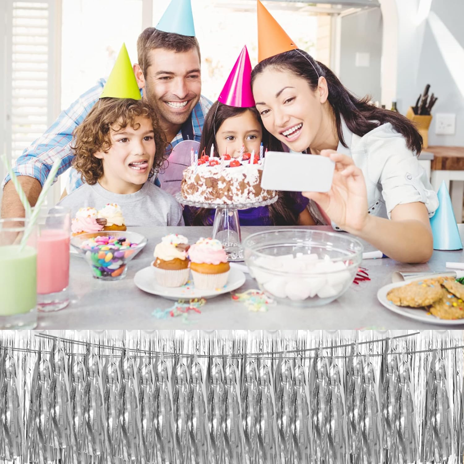 Thumbnail 3 de 3P Silver Foil Fringe Tassel Banner – 29.5 ft Metallic Tassel Garland (3 Strips, 45 Tassels) for Party Decorations