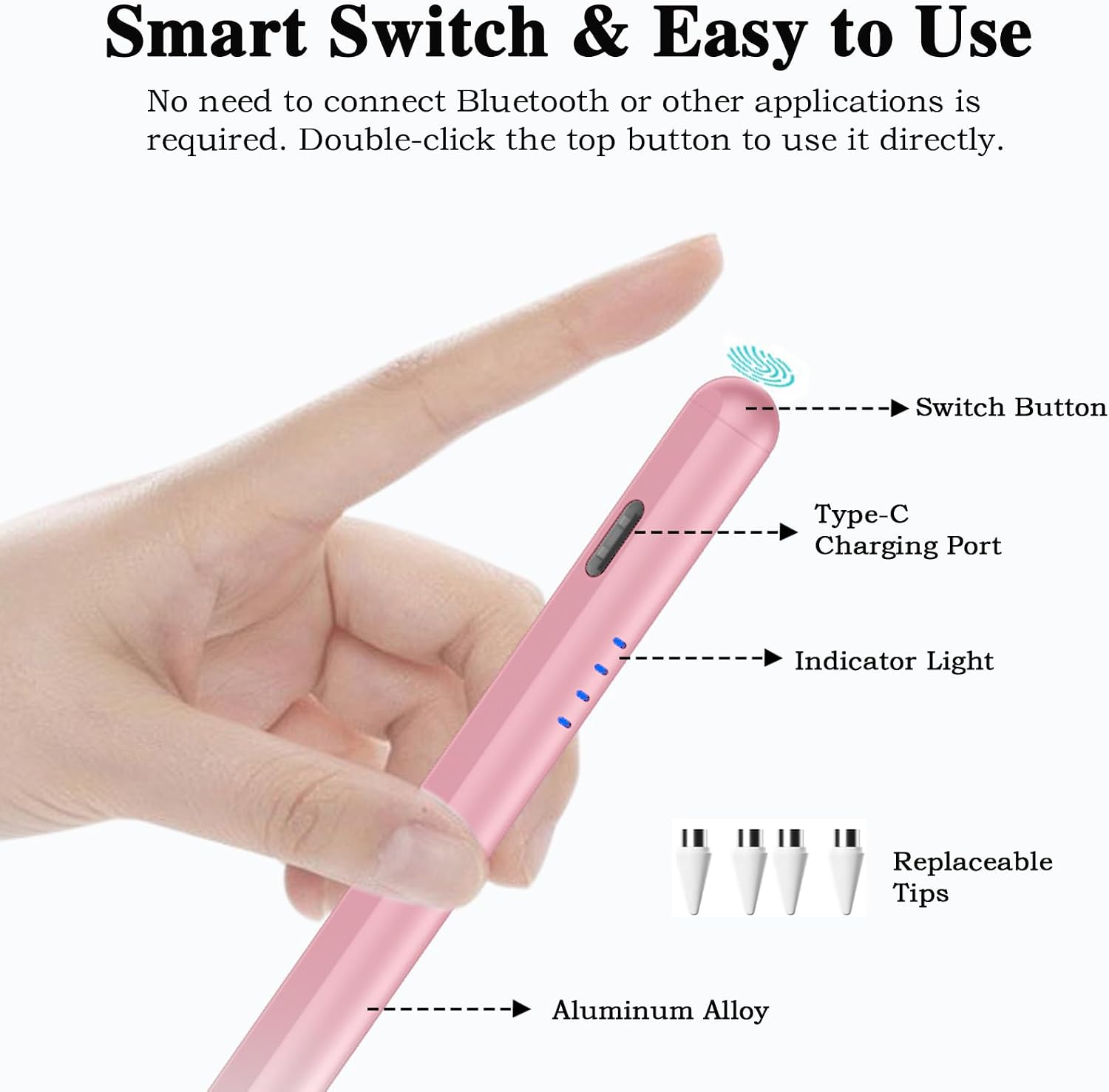 Detalle de Stylus Pens for Touch Screens: Type-C Tablet Pen with 4 Pom Tips, Gradient Pink