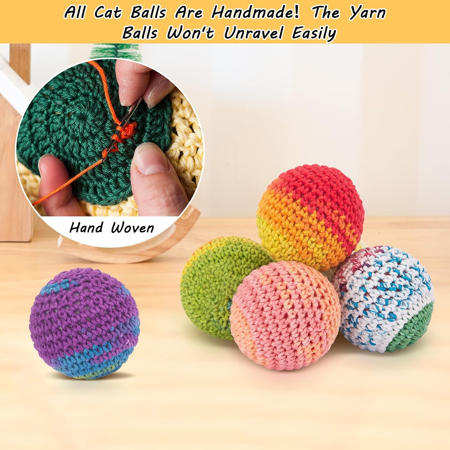Detalle de Retro Shaw Cat Ball Toys 6 Pack, Crochet Wool Yarn Balls with Bells
