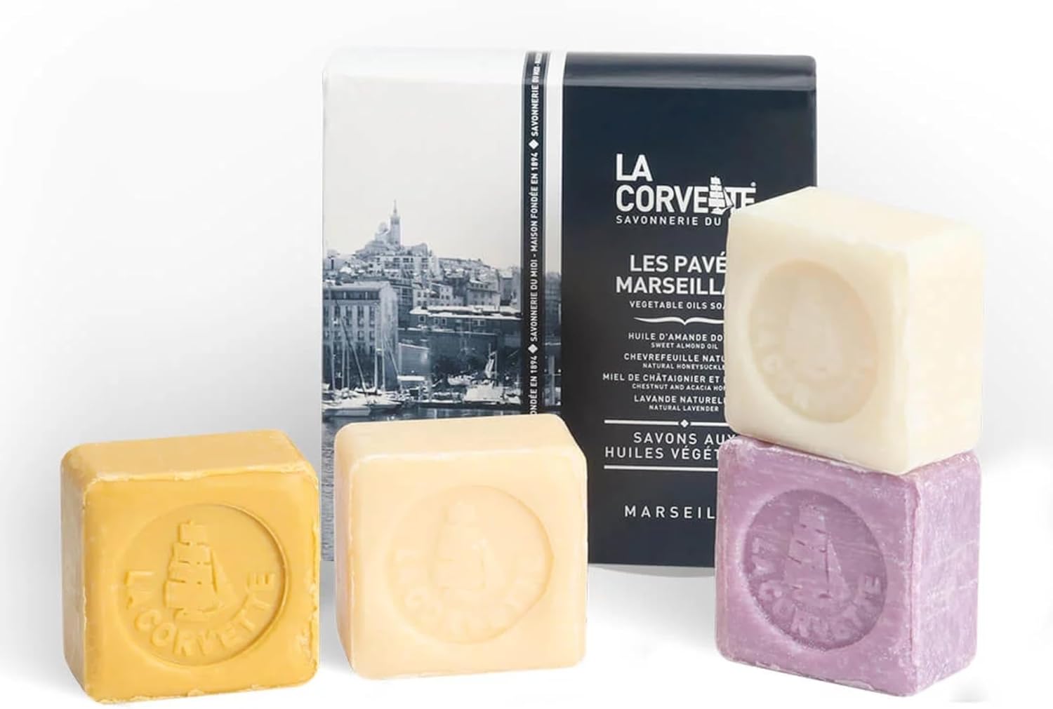 Detalle de La Corvette – Les Pavés Marseillais: Cofanetto di 4 saponi vegetali da 100 g, profumi provenzali, Made in France