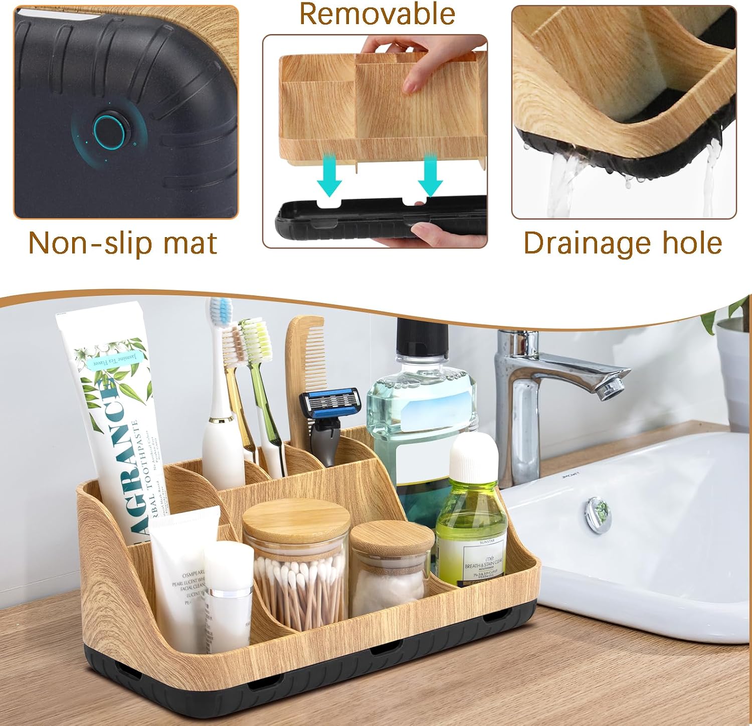 Detalle 2 de GFWARE Bathroom Countertop Organizer, 7-Slot Woodgrain Toothbrush Holder