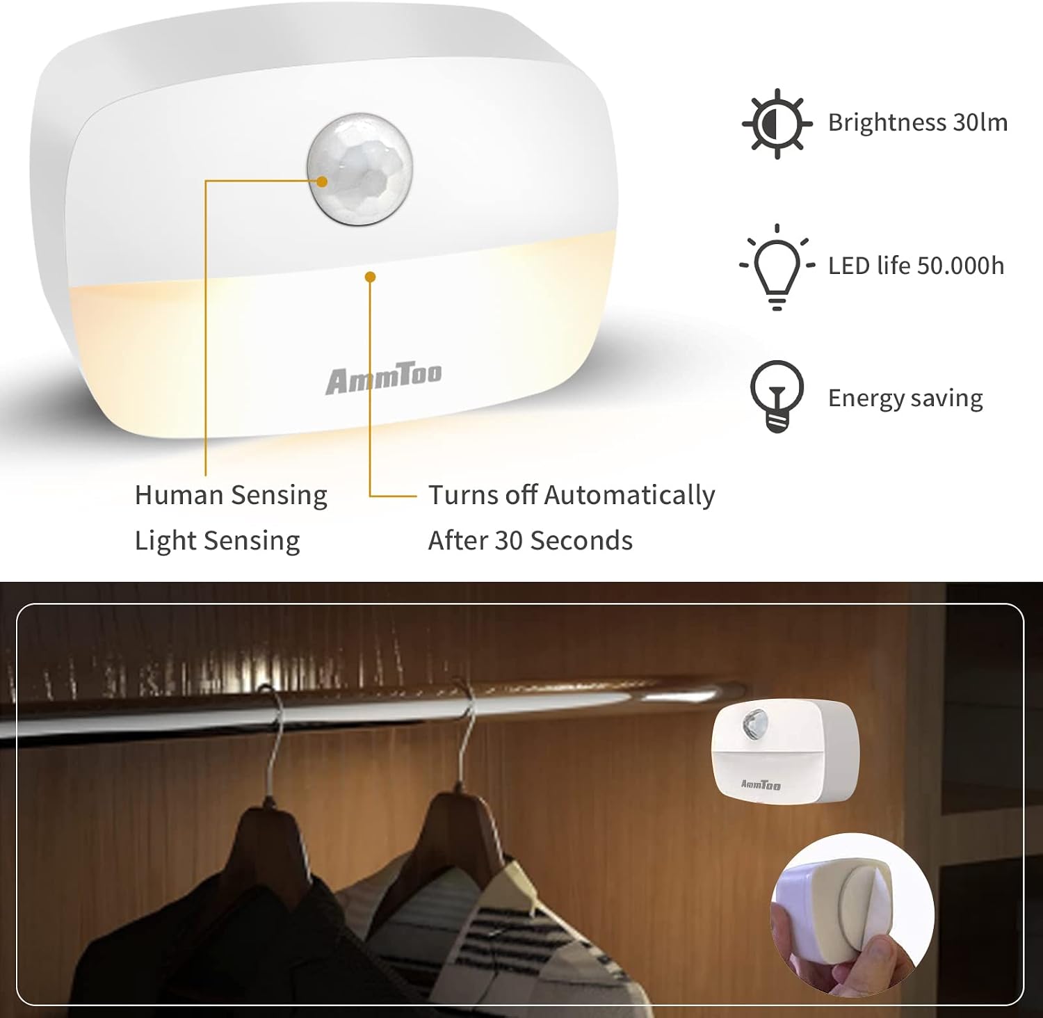 Detalle 2 de Stick On Night Light 8 Pack motion sensor lights for hallways