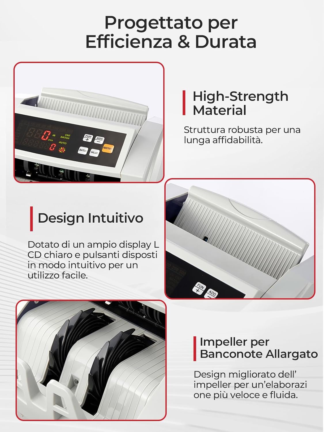 Thumbnail 4 de FOHERE Macchina conta banconote professionale con rilevamento falsi UV/MG/IR/DD fino a 1.100 banconote al minuto