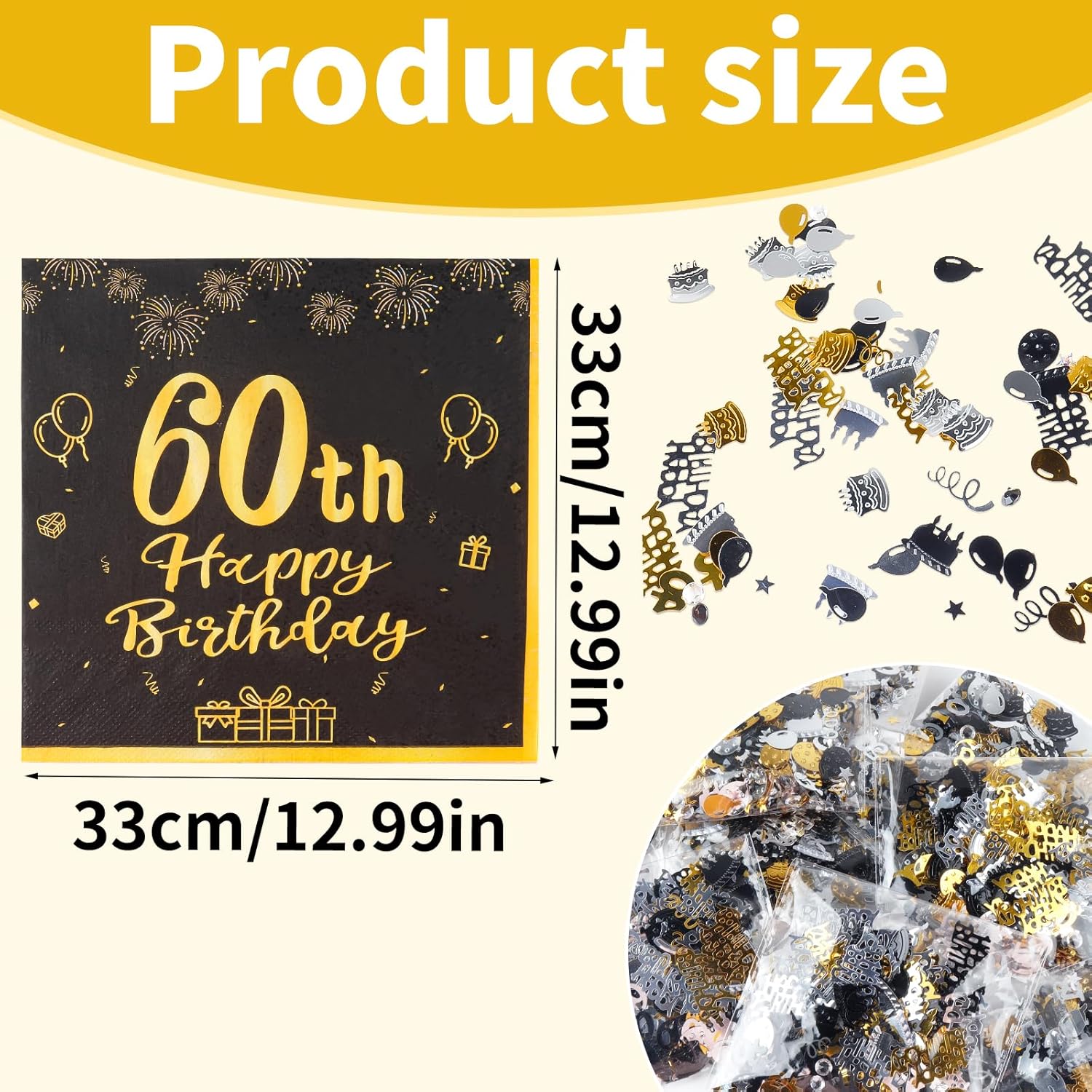 Thumbnail 5 de Yiran 60th Birthday Table Decorations Pack with 20 Black & Gold Napkins and Birthday Confetti