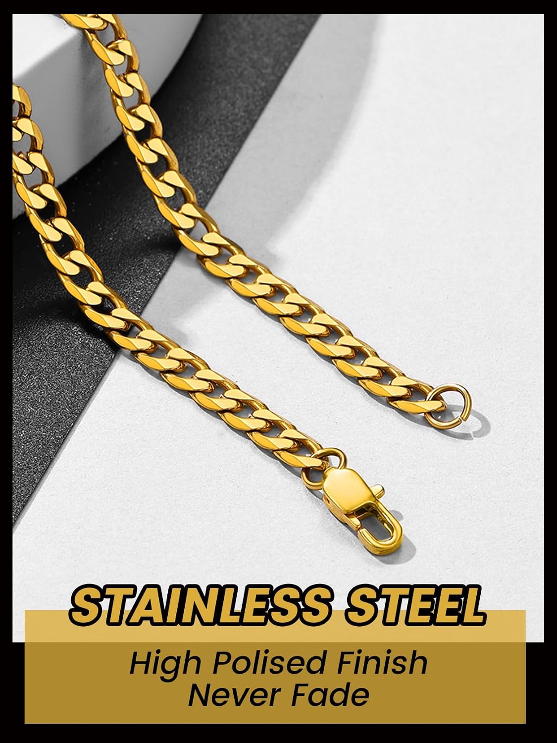 Detalle de GOLDCHIC JEWELRY Flat Cuban Chain Necklace in 316L Stainless Steel (4mm–9mm) – Lobster clasp, gift box included
