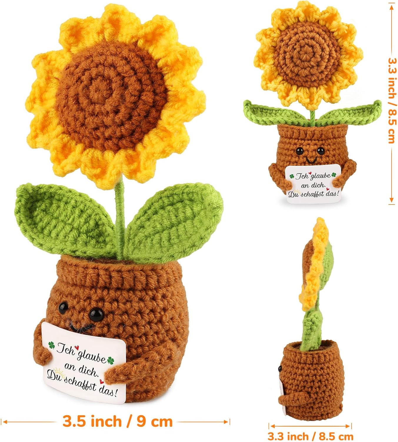 Detalle 2 de WenmthG Positive Sonnenblume Pocket Hug – gestrickter Glücksbringer als kleines Mutmacher-Geschenk