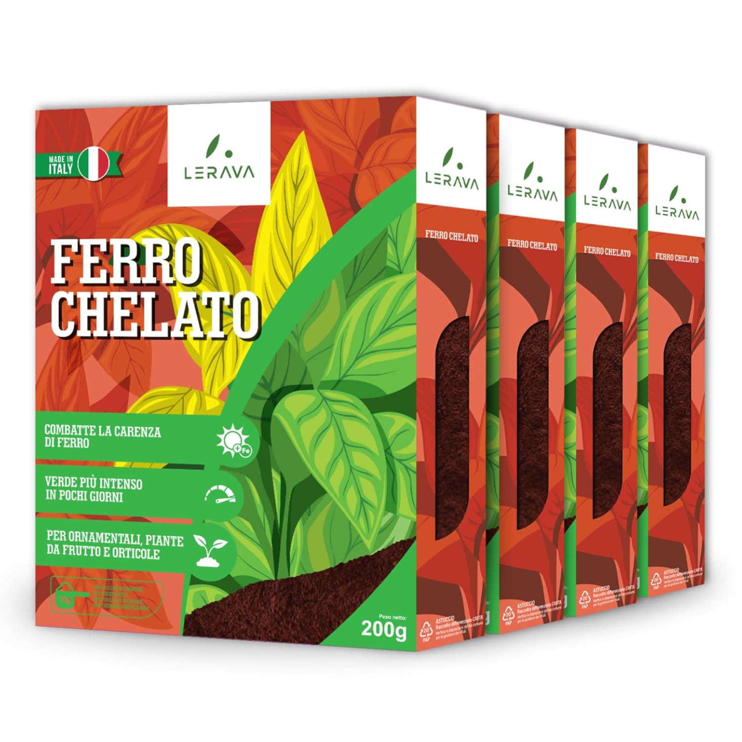 Detalle de LERAVA Ferro Chelato per Piante (4x200 g) Rinverdente: clorosi ferrica e fertiliazione verde