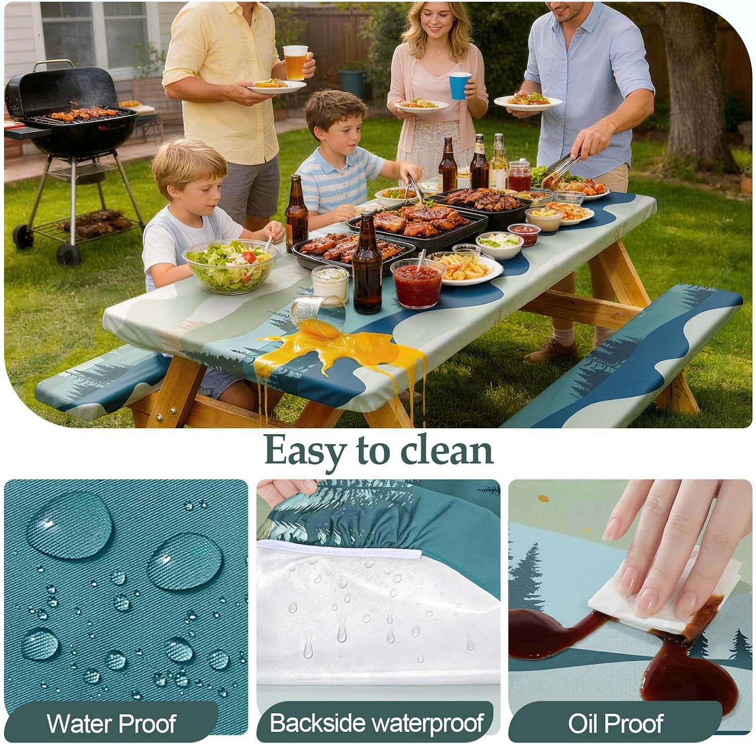 Thumbnail 2 de Picnic Table Cover with Bench Covers (96in, Green/Blue) – Waterproof, Windproof Outdoor Tablecloth Set