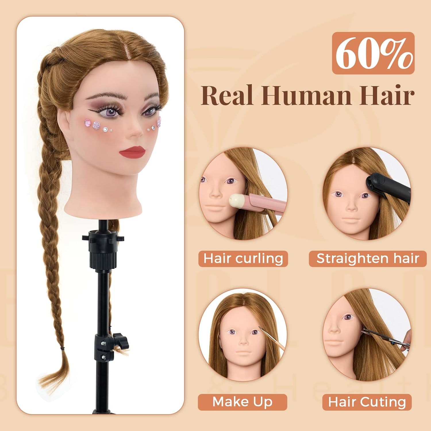 Thumbnail 1 de Neverland Beauty & Health Trainingskopf 71 cm mit 60% Echthaar – Friseur-Mannequin-Kopf inkl. Tischklemme und Werkzeug-Set