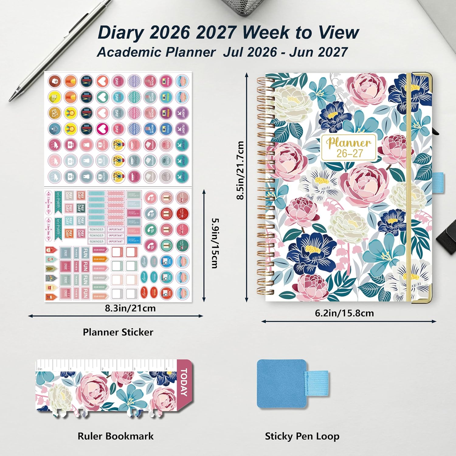Detalle 2 de NEYSA Diary 2026/2027 Week to View – A5 Academic Diary (July 2026–June 2027) with Self-Adhesive Pen Loop, Ruler Bookmark & Stickers