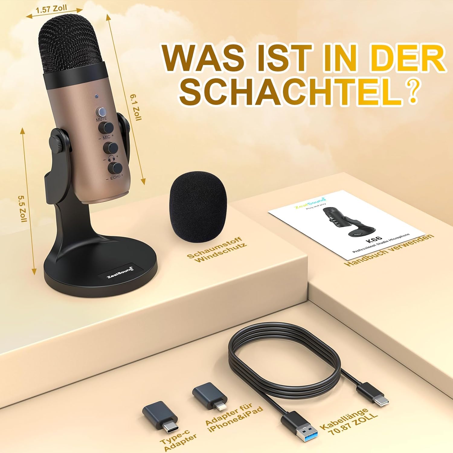 Detalle de ZealSound K66 USB Kondensator-Mikrofon – Gold, Plug & Play für PC, Laptop, Handy