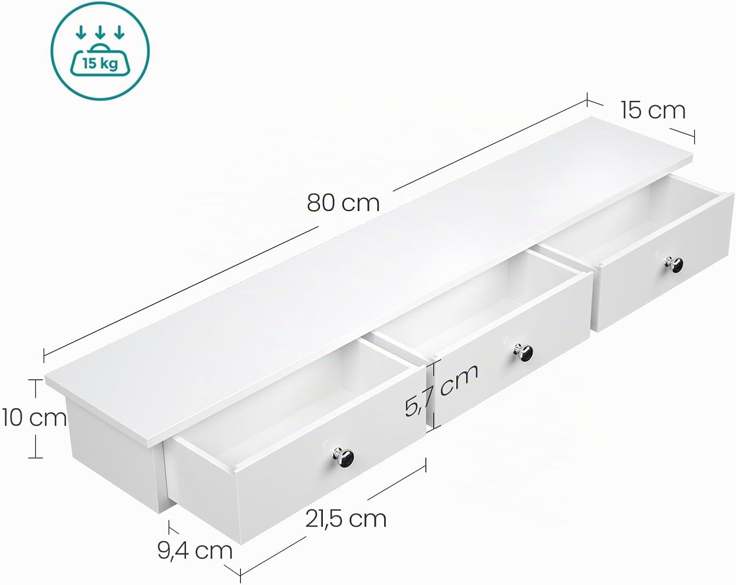 Detalle de SONGMICS LWS085W01 Mensola da parete bianca con 3 cassetti, portata 15 kg