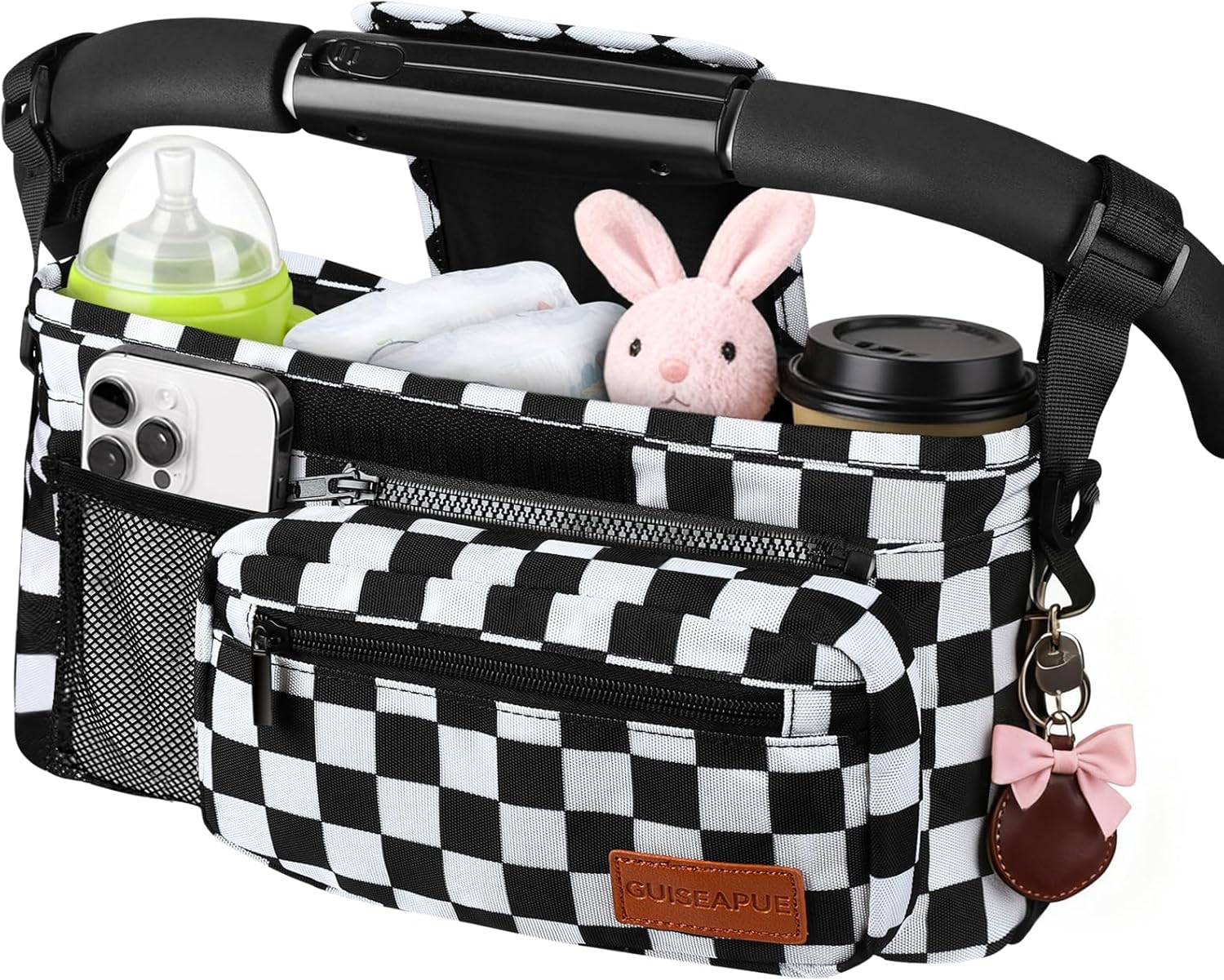 Detalle de Guiseapue Universal Kinderwagen-Organizer – Getränkehalter, Becherhalter und großzügige Aufbewahrung für unterwegs