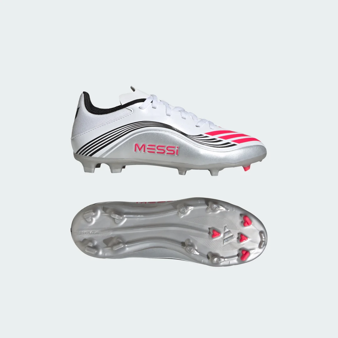 Detalle de Adidas Bota F50 Messi League para césped natural seco y multisuperficie – color blanco