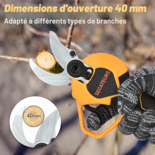 Detalle de Sécateur Électrique Sans Fil 40 mm Vothen – Professionnel, 21V/2x2,0Ah, Jaune