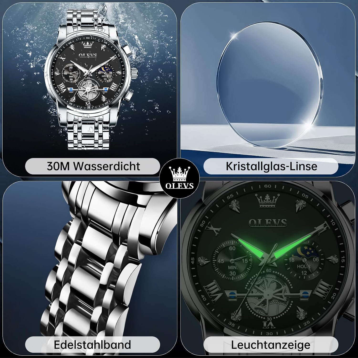 Thumbnail 3 de OLEVS Herren Chronograph Quarz-Uhr mit Analog-Anzeige, wasserdicht bis 30 m, leuchtenden Markierungen aus Edelstahl