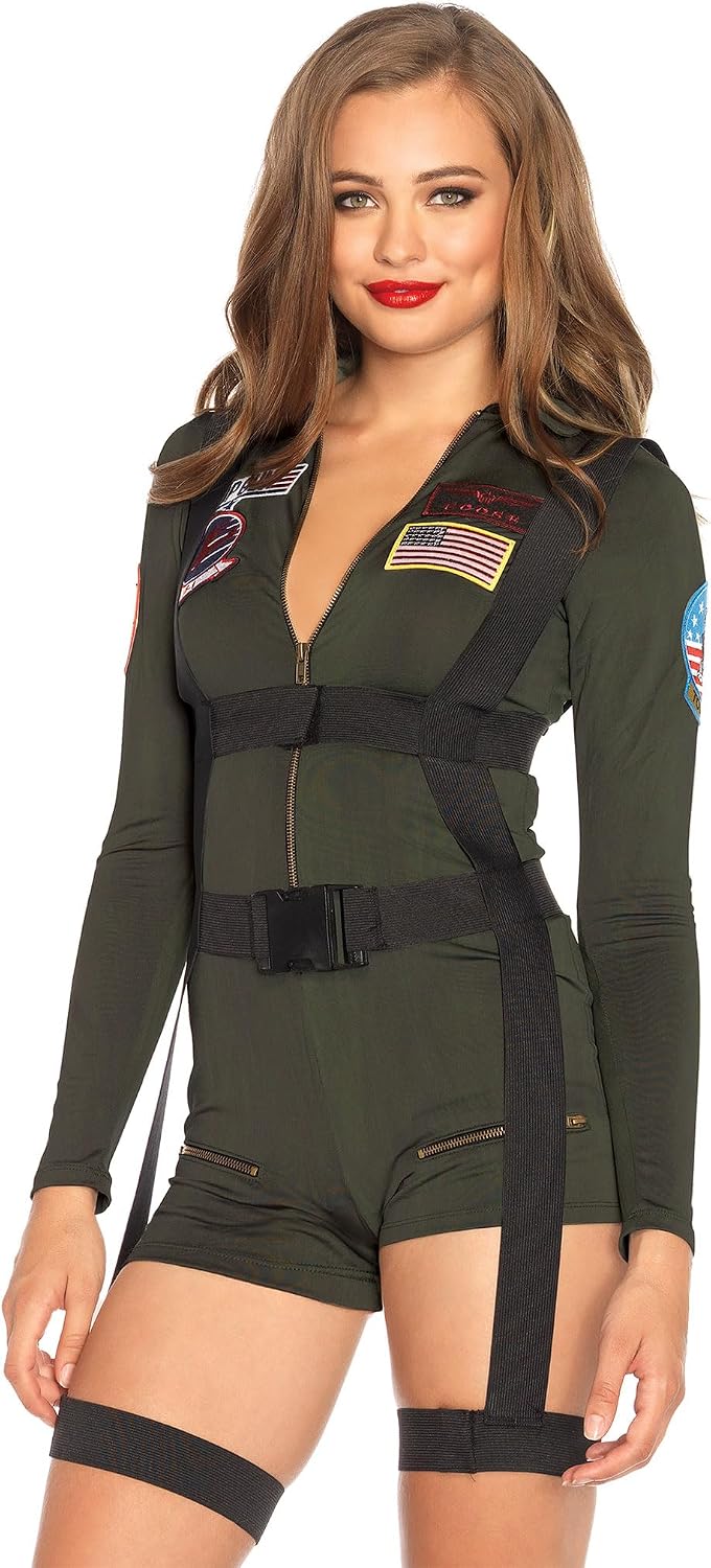 Detalle de Leg Avenue Women's Top Gun Spandex Romper Costume with Zip Front and Harness
