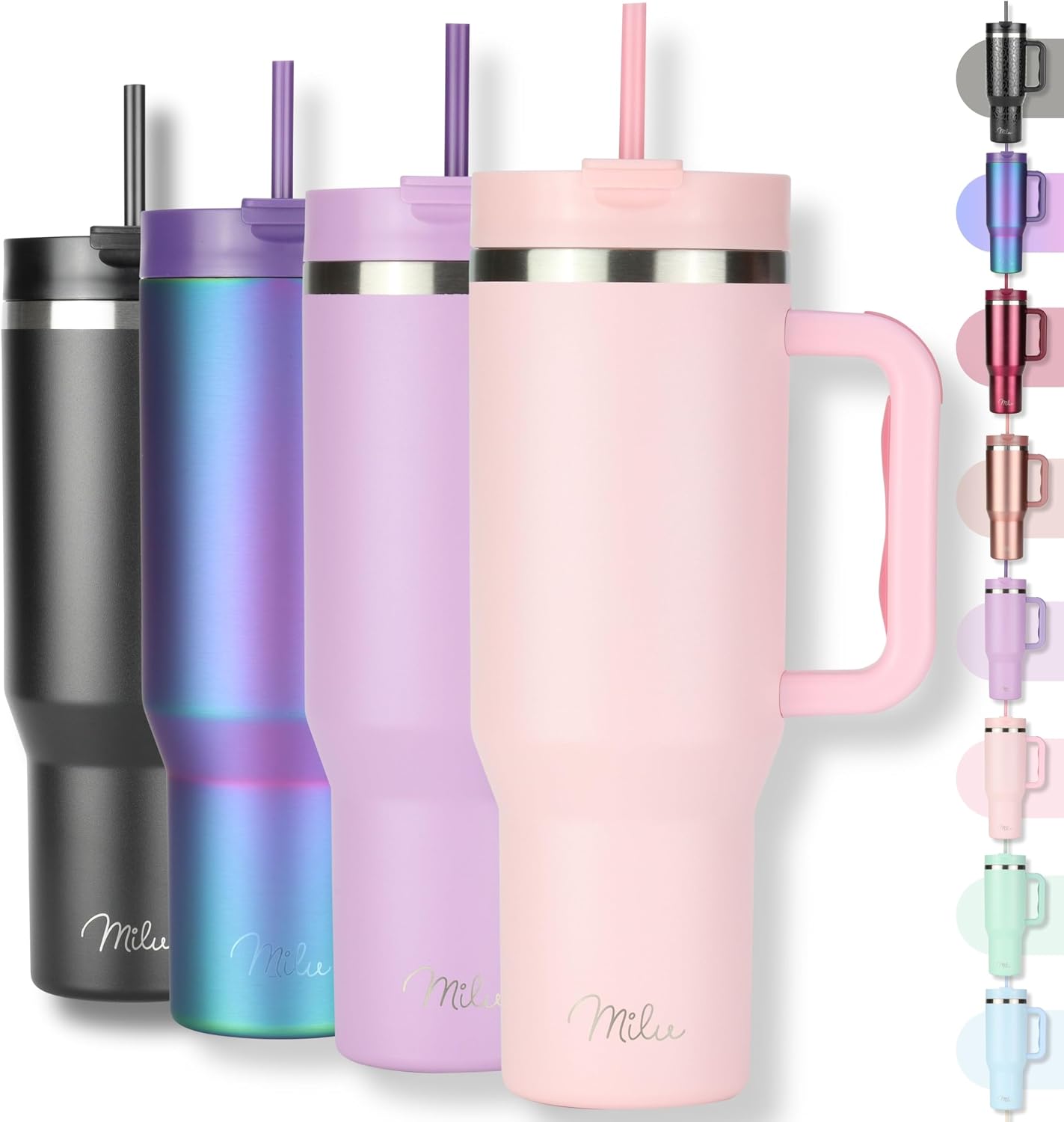 Detalle de Milu Thermobecher 1,2L mit Strohhalm und Henkel – isolierter Edelstahl-Tumbler 40oz (Blossom Pink)
