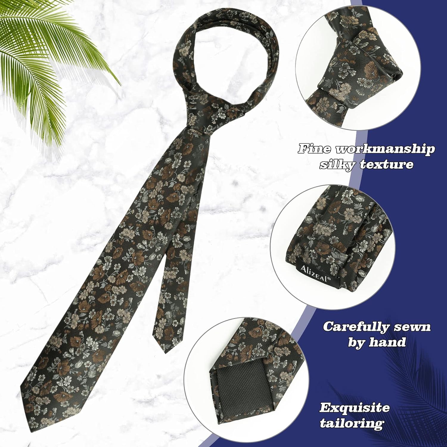 Detalle 2 de Alizeal Floral Tie with Pocket Square Set for Business and Wedding
