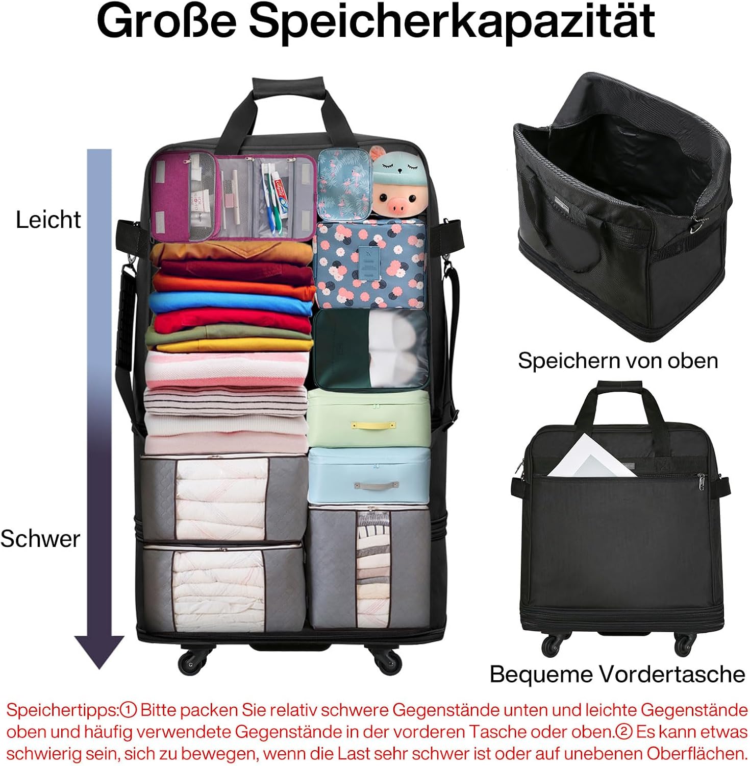 Detalle de Hanke Faltbarer Reisekoffer mit Rollen – 90 Liter, kompakt falbar, Schwarz