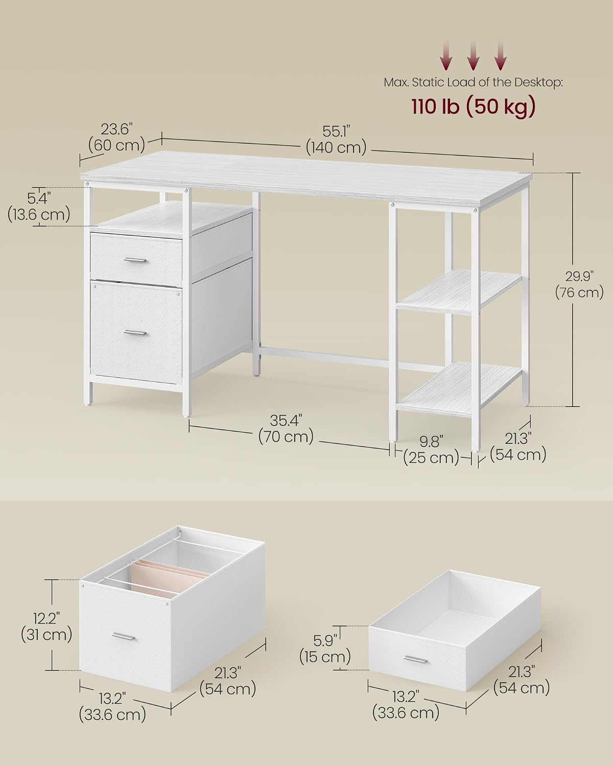 Detalle 1 de VASAGLE LWD104WF01 140x60cm work desk