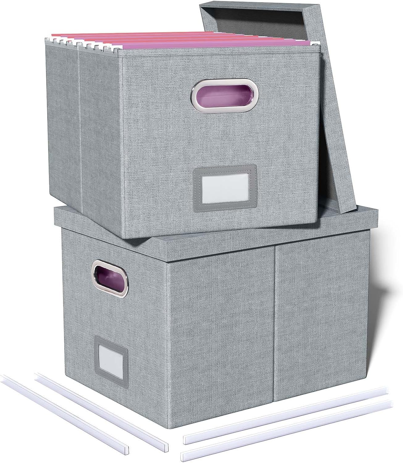 Detalle de Oterri AM03118 2-Pack File Storage Boxes with Lids, Gray Linen, Foldable