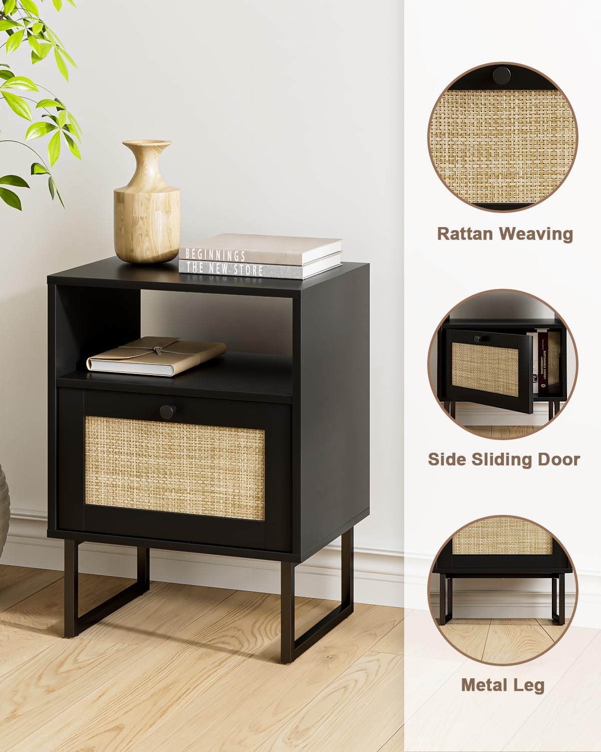 Detalle 2 de Masupu CA-HZ1378 Rattan Nightstand, Black, with Side-Opening Drawer and Open Shelf