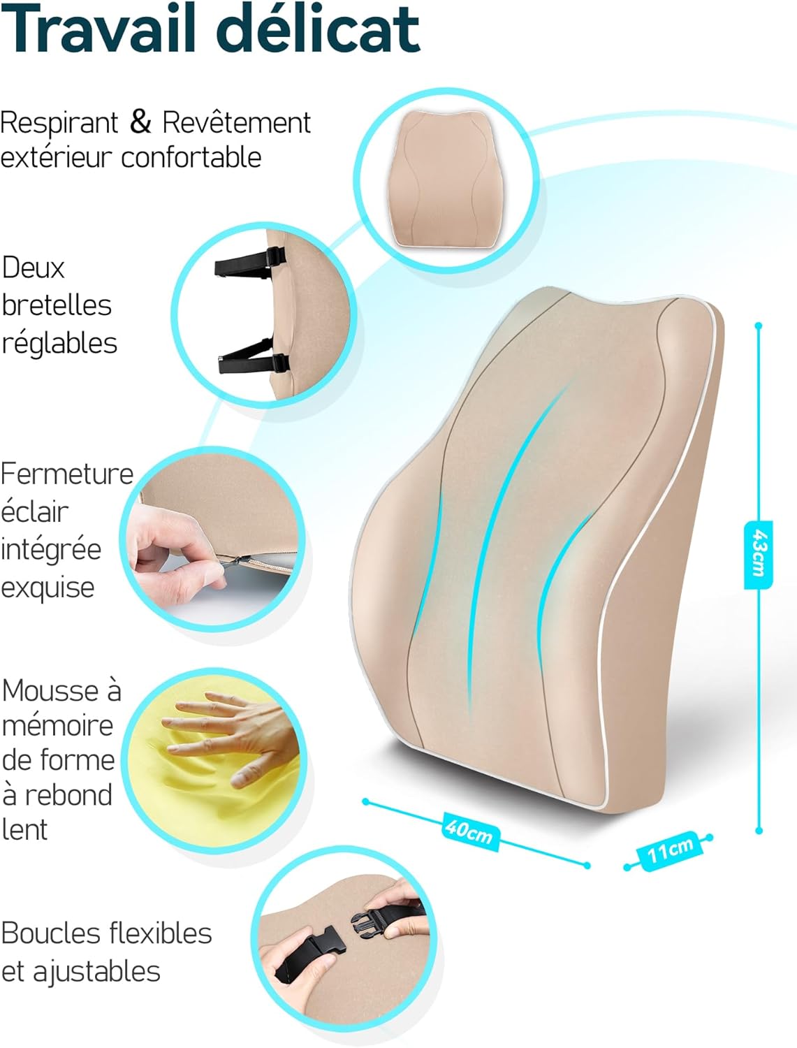 Thumbnail 4 de Travel Ease Coussin de Soutien Lombaire Ergonomique – Mousse à mémoire pour siège de voiture et bureau, dossier beige