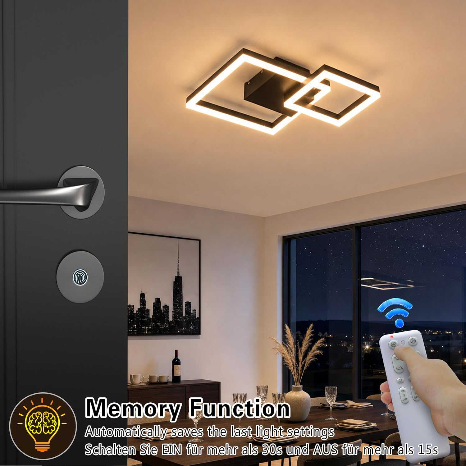 Detalle de SEATAIN LED Deckenleuchte Schlafzimmer, geometrisch schwarz, 30 W (3000 lm) mit Fernbedienung, 3000–6000 K und Nachtlicht