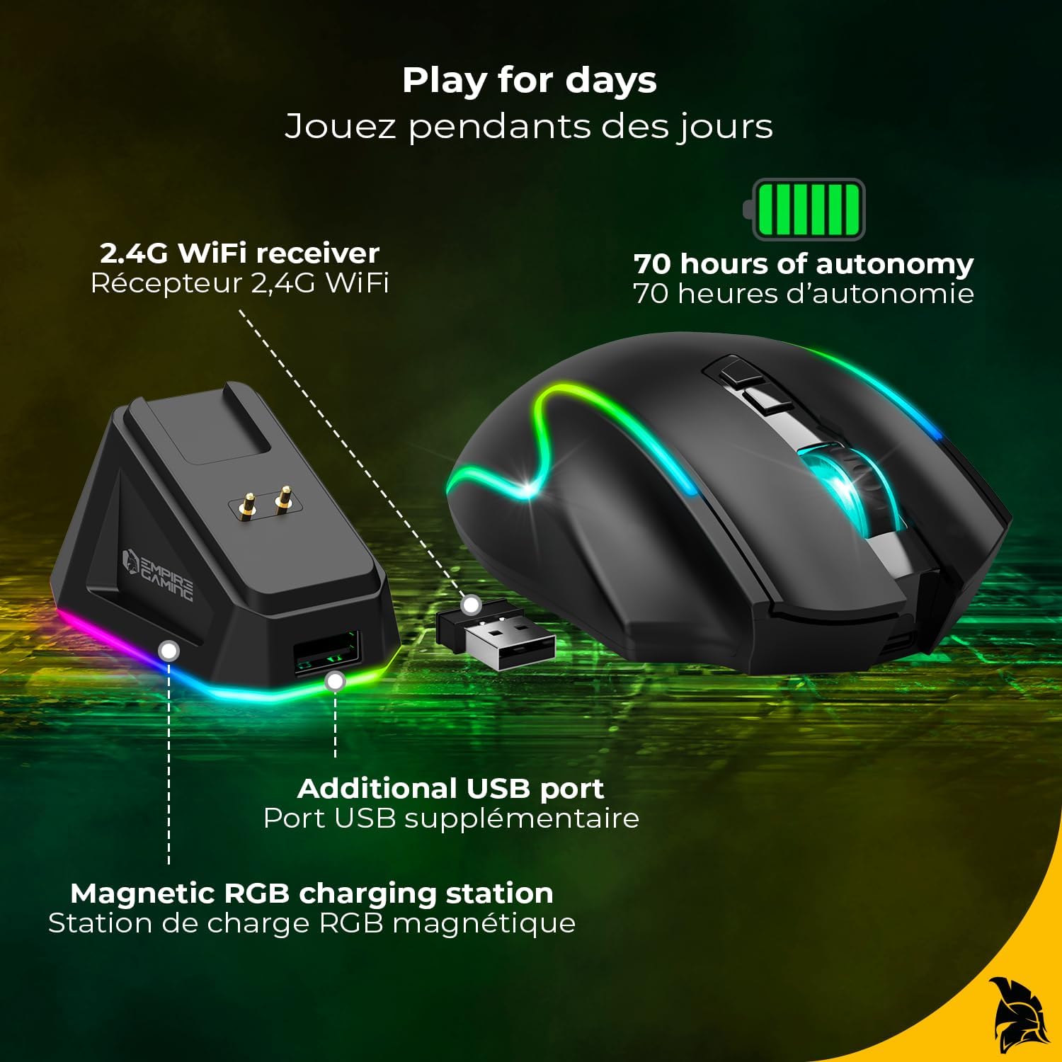 Thumbnail 1 de EMPIRE GAMING RF908 : souris gamer sans fil rechargeable avec station magnétique RGB (10000 DPI, 8 boutons)