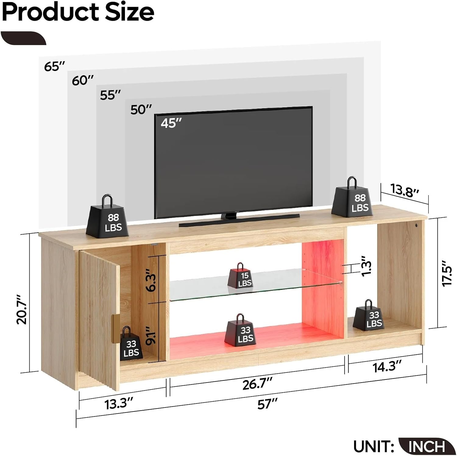 Detalle de Bestier Mobile TV per TV fino a 65 pollici con centro gaming, ripiani in vetro regolabili e luci LED (Rovere Naturale)
