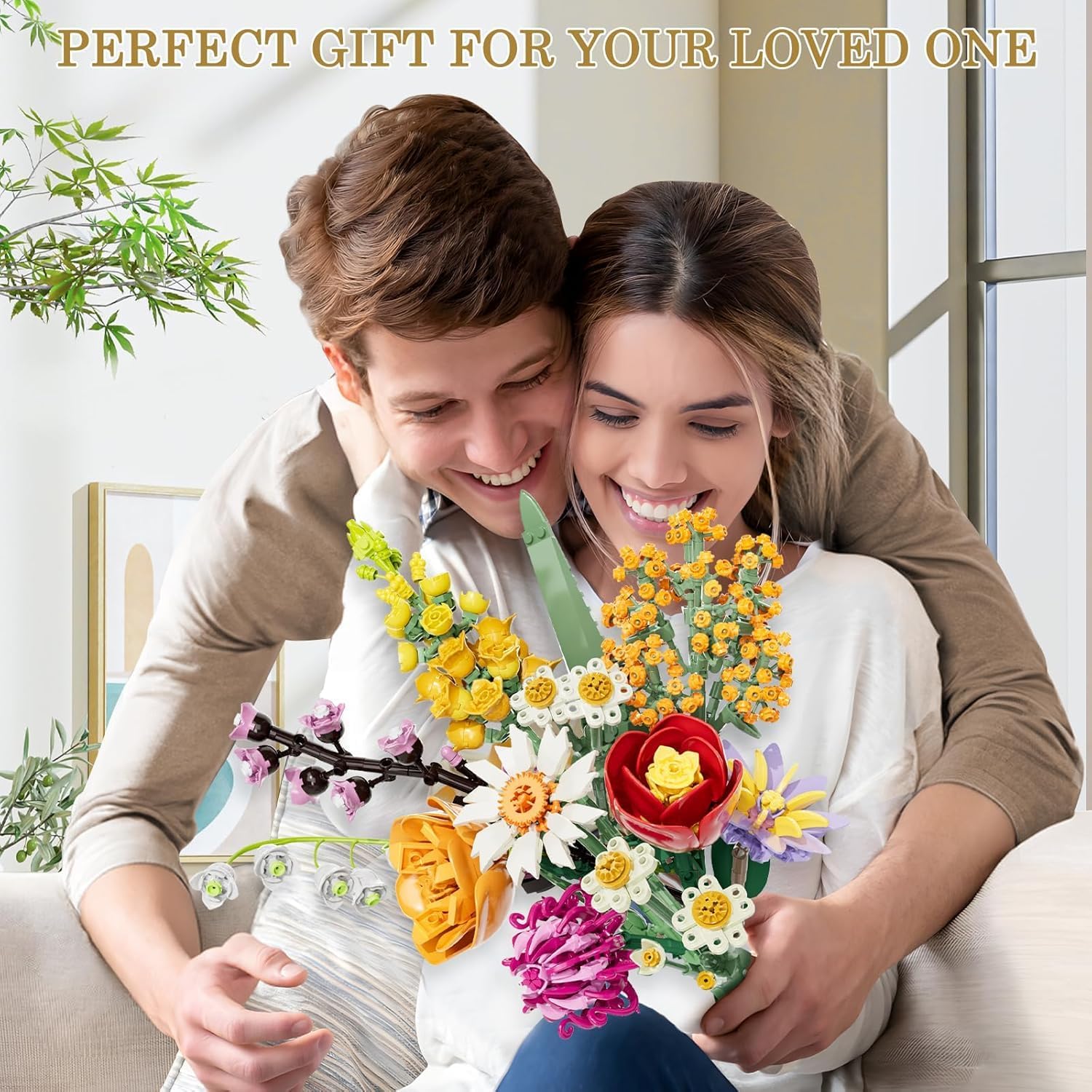 Detalle de Flowers Bouquet Building Sets for Adult – 1,070 PCS DIY artificial flower blocks kit with 10 flower types (No vase)