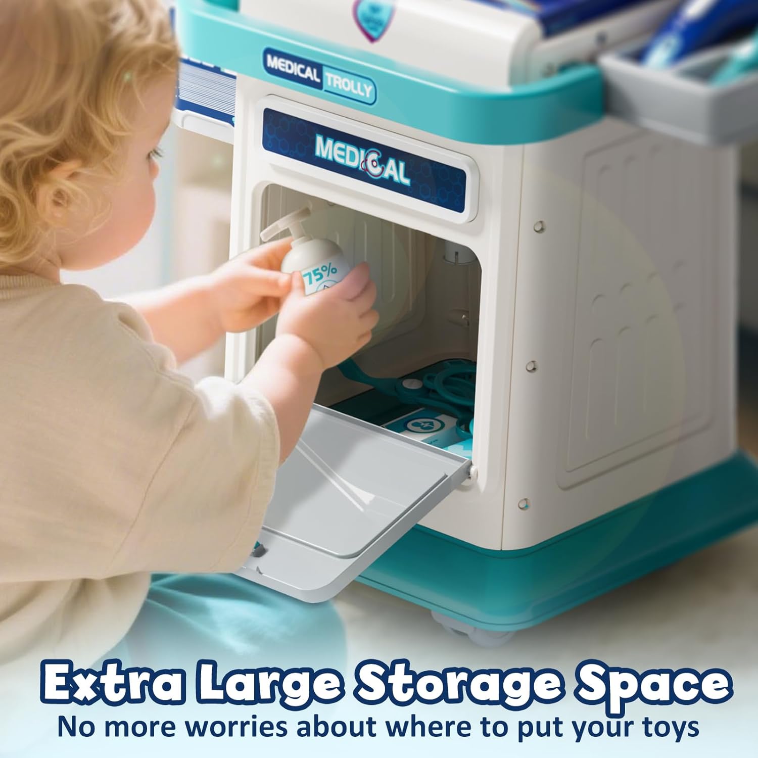 Detalle 2 de Lehoo Castle kids doctor set with medical trolley, sound & light play panel and accessories (3+), blue
