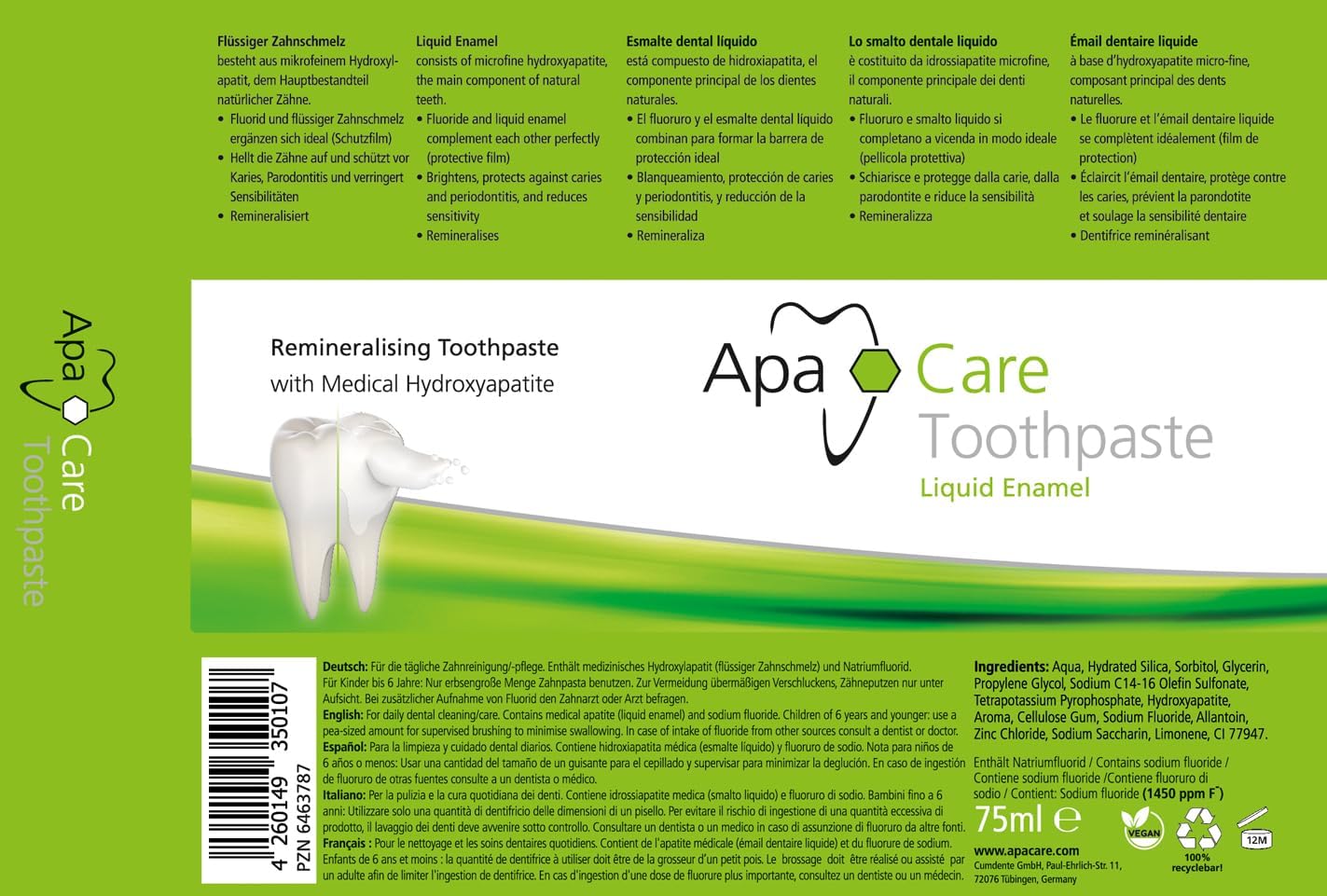 Thumbnail 6 de ApaCare 3 tubi di dentifricio per smalto – 3x75 ml, con idrossiapatite attiva e fluoro, per denti sensibili (vegano)