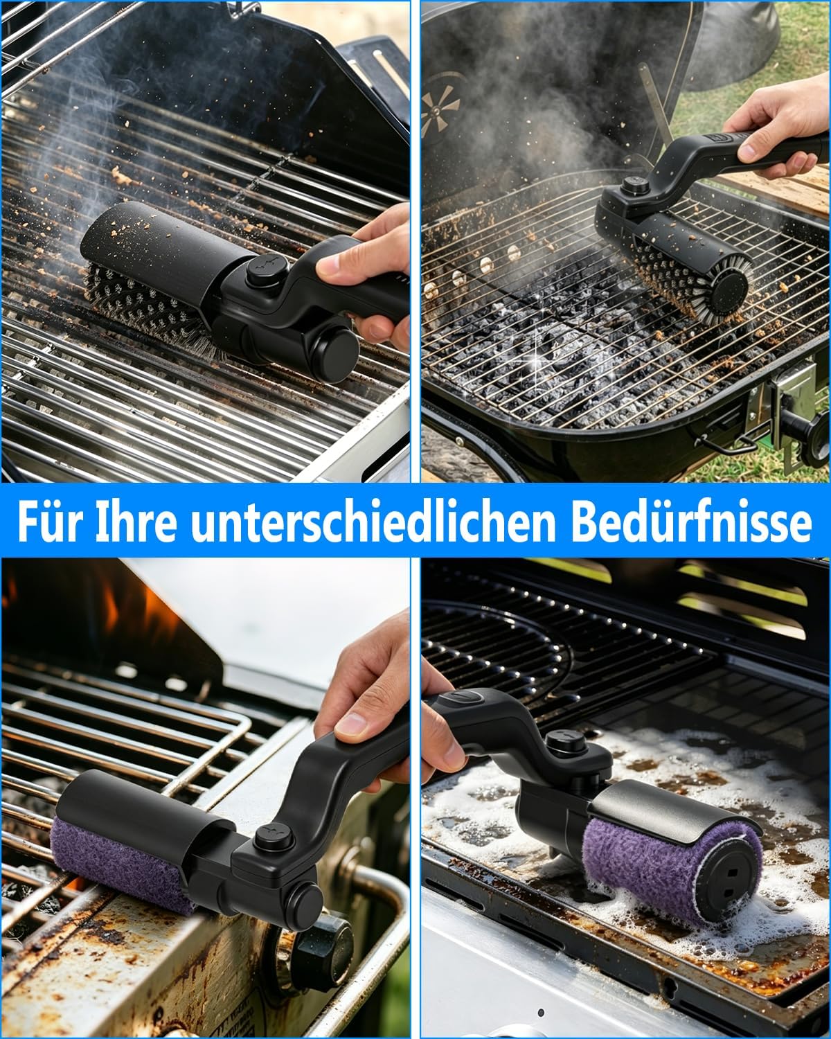 Detalle 1 de Elektrische Grillbürste mit 180° Verstellung – wiederaufladbar, 90 Min Laufzeit, Edelstahl-Aufsätze, IPX7