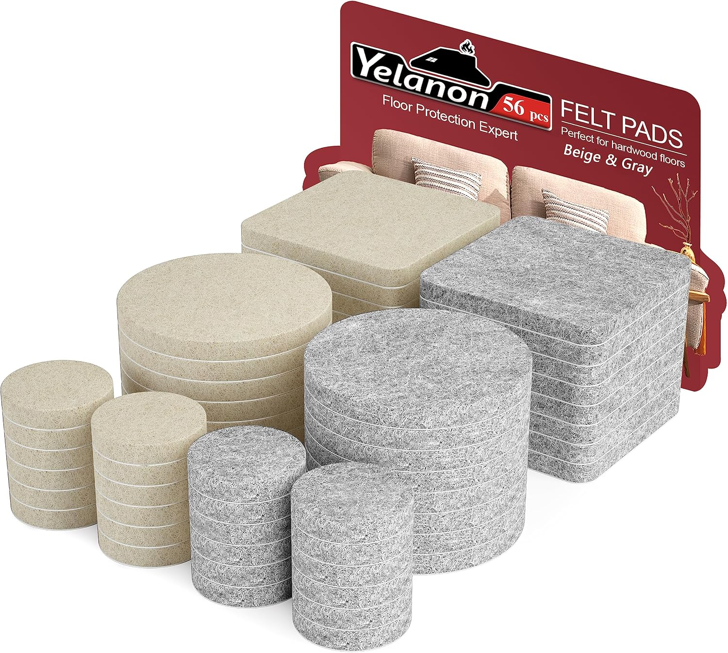 Detalle de Yelanon Felt Furniture Pads - 56 Pcs (1+2") for Wood, Laminate & Tile Floors