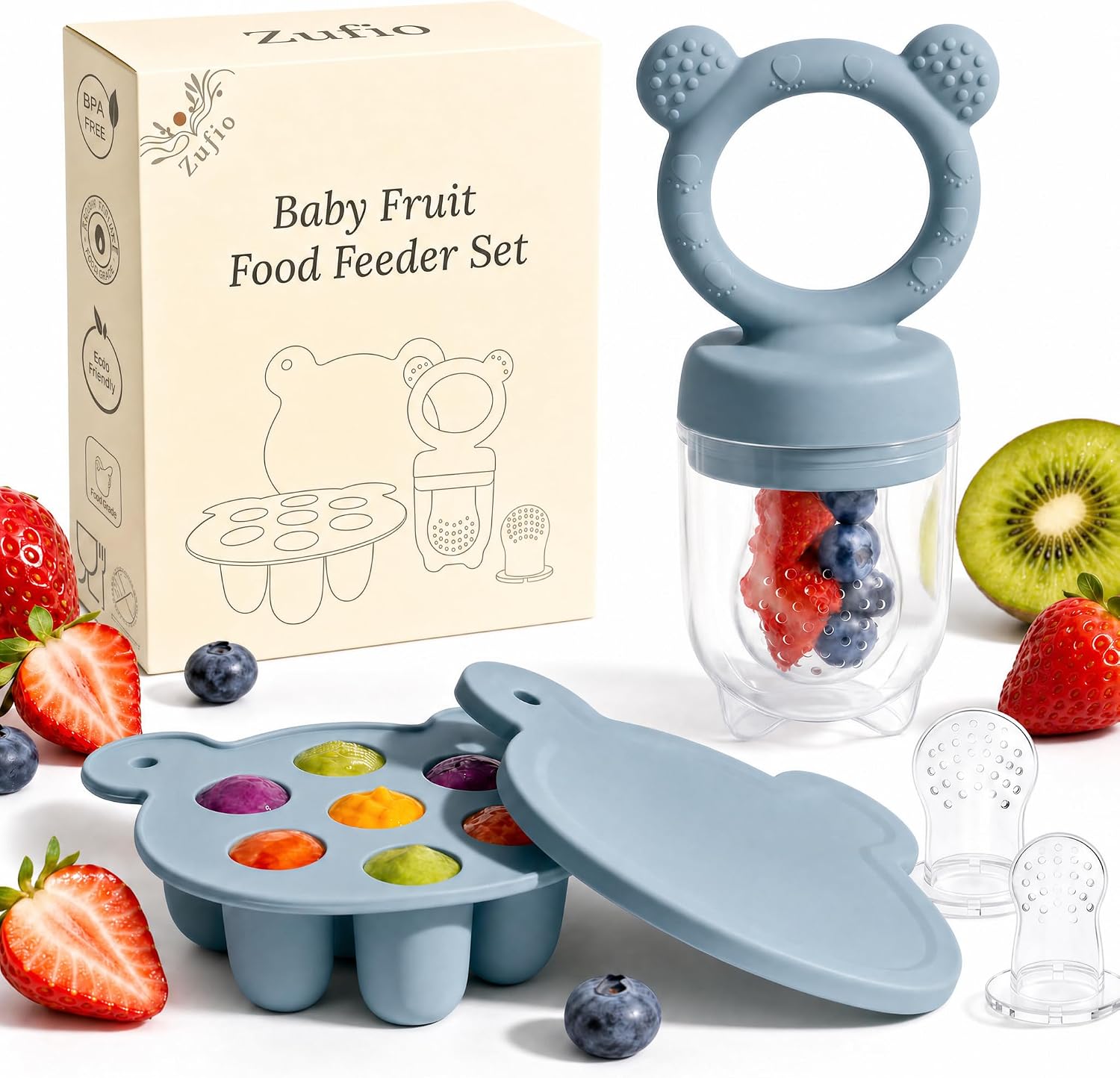 Detalle de Silicone Baby Fruit Feeder Pacifier & Popsicle Molds – Multi-Purpose Food Storage (Blue)