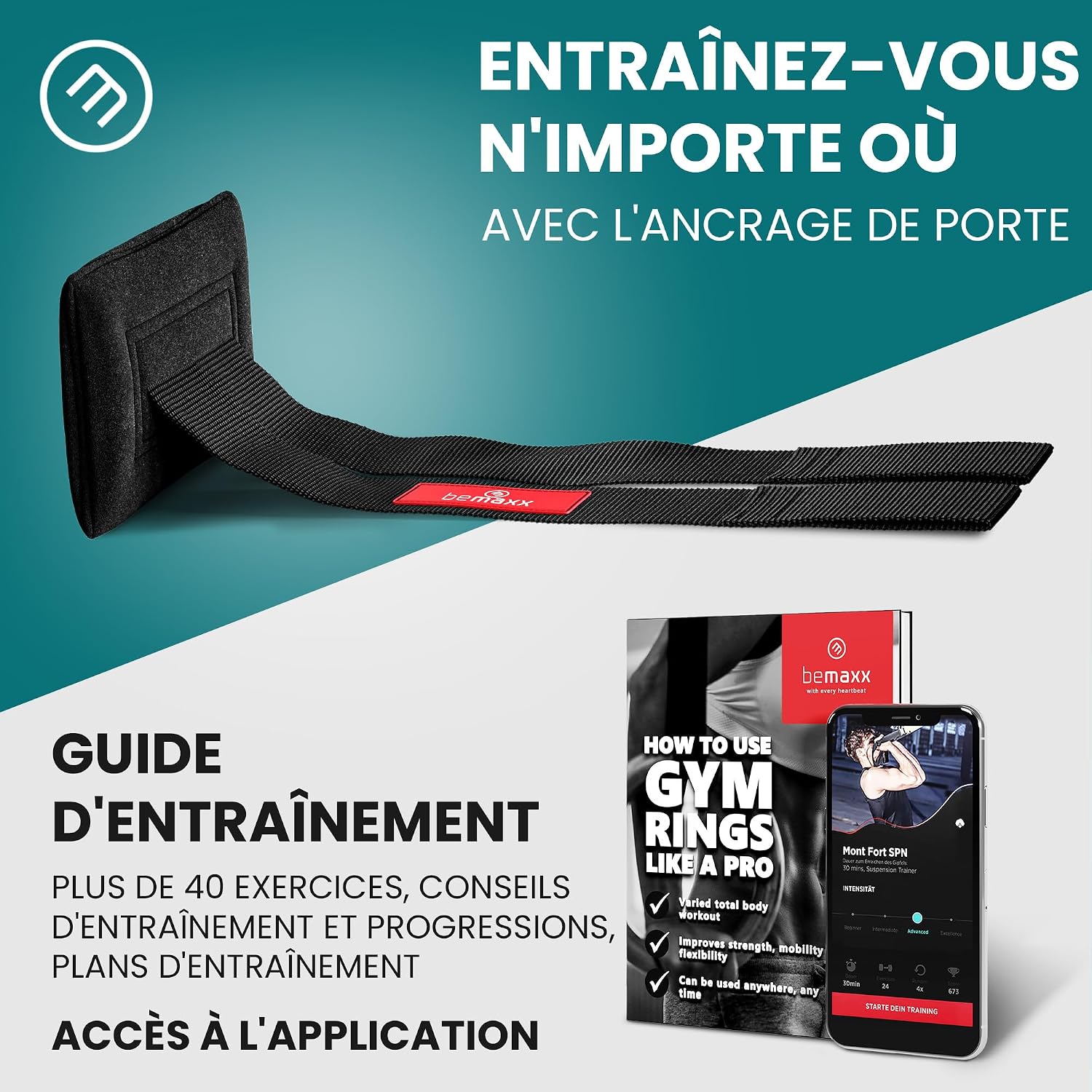 Detalle de BeMaxx Anneaux de Gymnastique en Bois + Support Porte & Livre d’Exercices – Set Gymnaste et Sangle de Sécurité Graduées