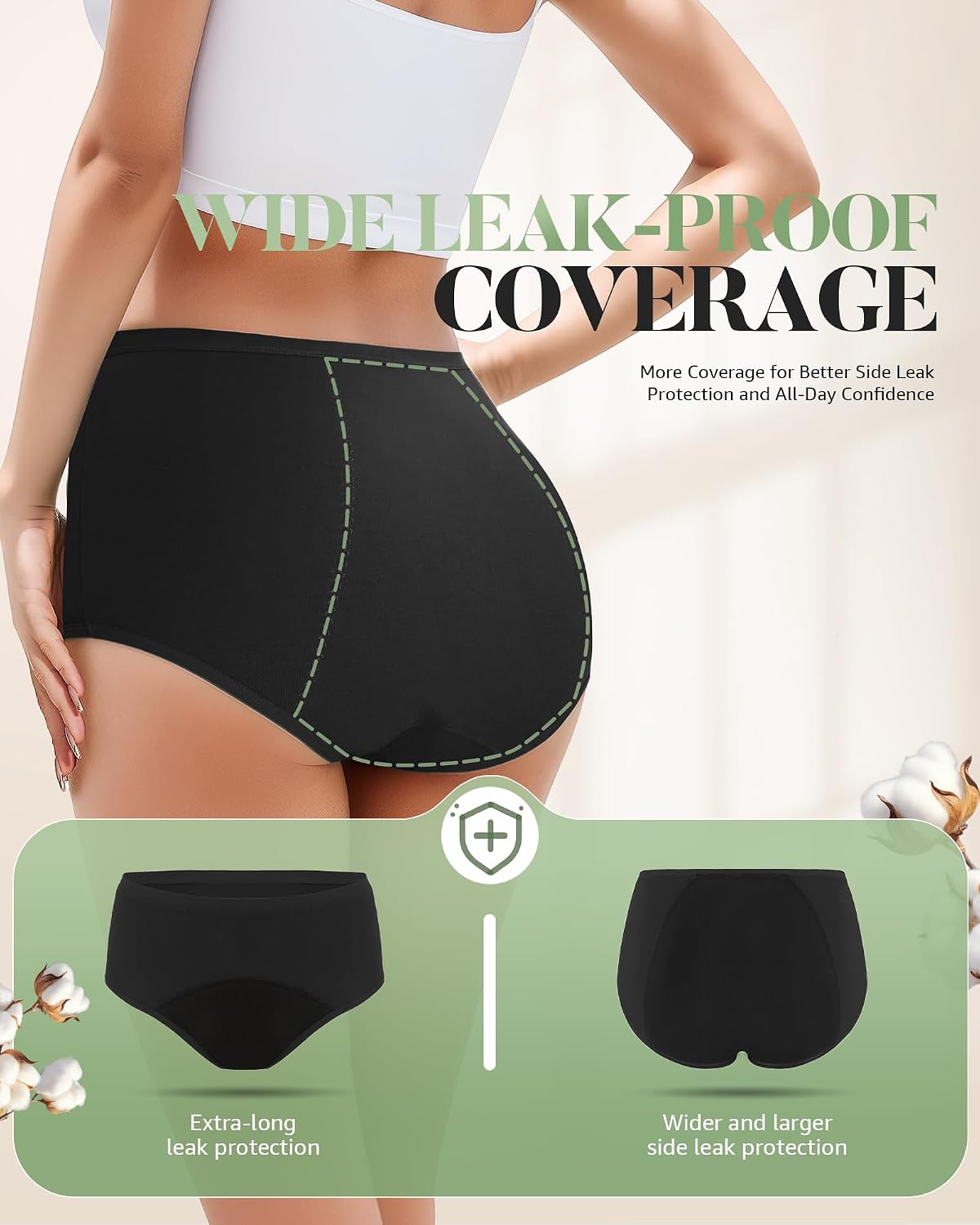 Detalle de TANSTC Periodenunterwäsche für starke Blutung im 3er-Set (High Waist, Baumwolle) für Damen & Mädchen