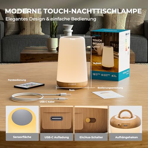 Thumbnail 6 de UPXNBOR LED Nachttischlampe – Touch- & Fernbedienung, 13 RGB-Farben, 4 Lichtmodi, 5-stufige Helligkeit, Timer, Akku 1800 mAh