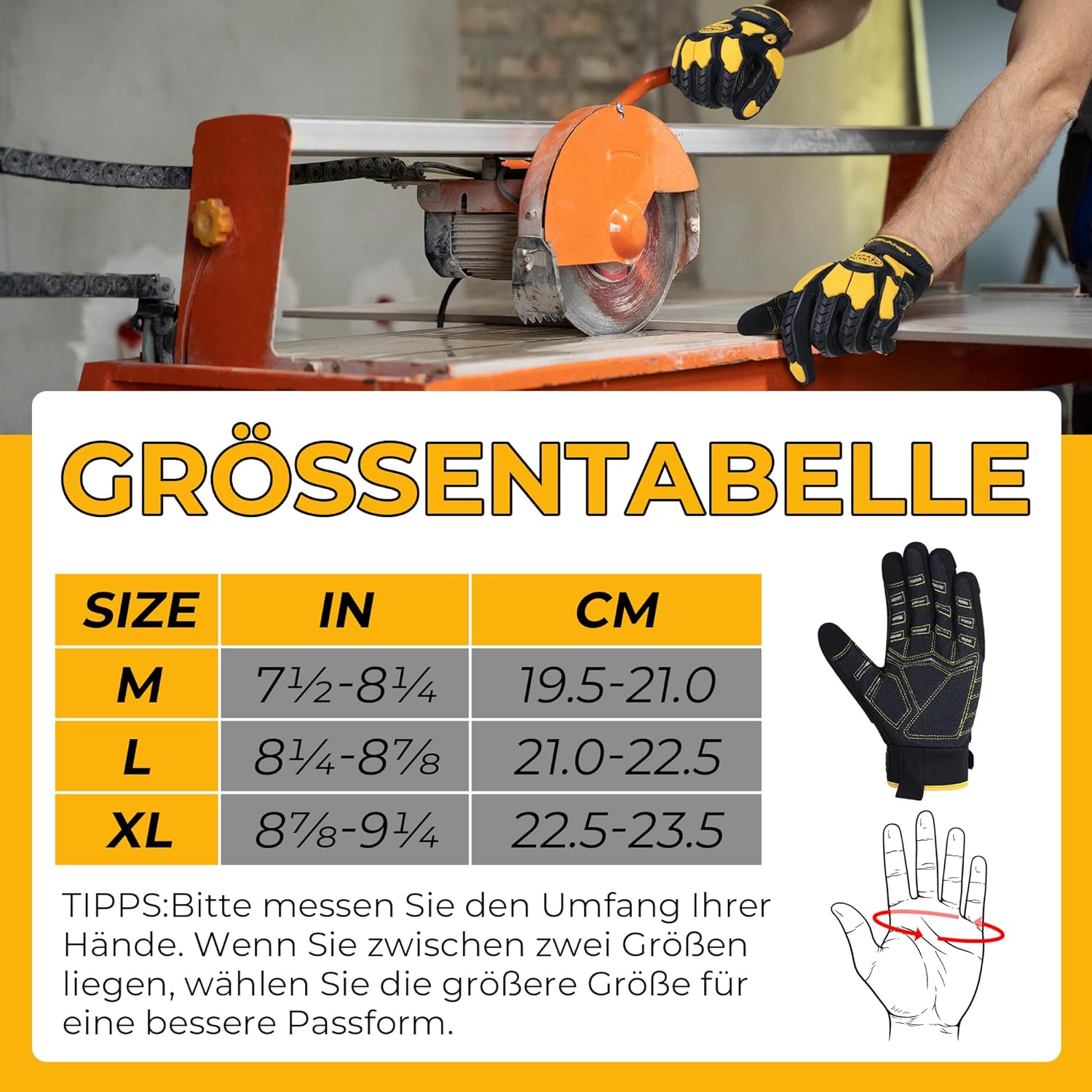 Thumbnail 6 de HANDLANDY Schnittfeste Handschuhe für Männer mit Anti-Vibrations-Schutz, gepolsterter PVC-Handfläche (Schwarz-Gelb) – Größe L