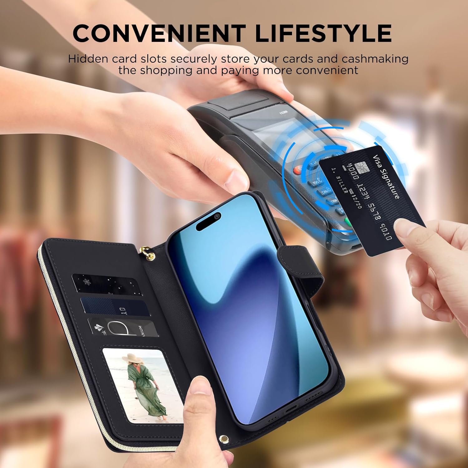 Thumbnail 5 de Asuwish iPhone 17 Pro Wallet Case with Tempered Glass Screen Protector and Crossbody Strap