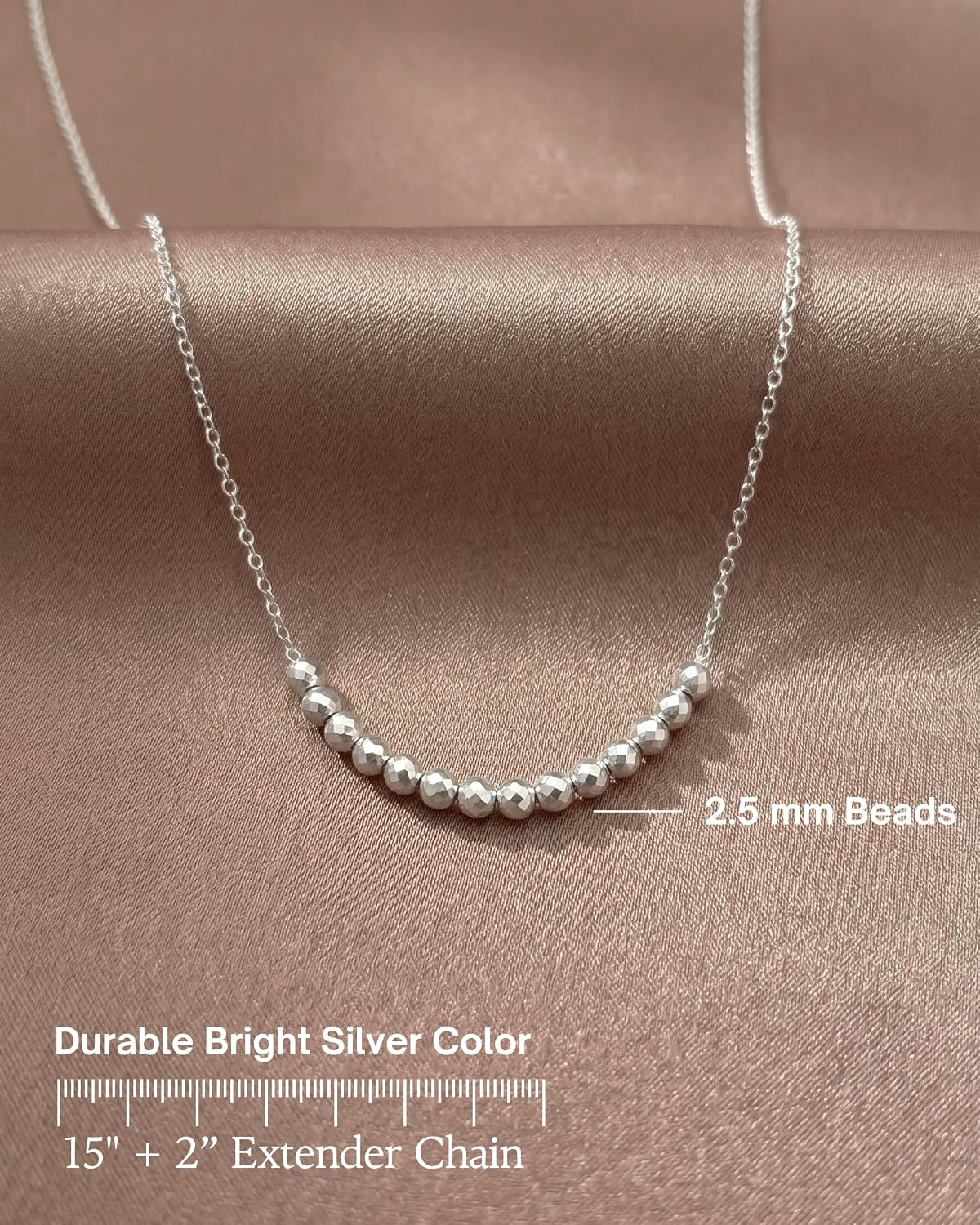 Thumbnail 4 de Annika Bella Silver Beaded Necklace for Women — Dainty 16 Faceted Beads Bar Pendant, Waterproof & Tarnish-Resistant, 15" + 2" Extender