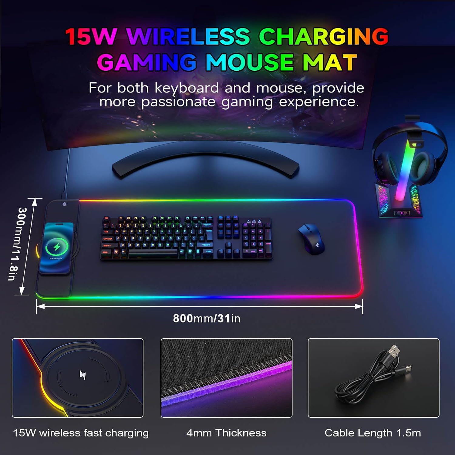 Detalle 2 de Hcman Charging RGB Gaming Mouse Pad - Wireless 15W, Extra Large 80x30cm