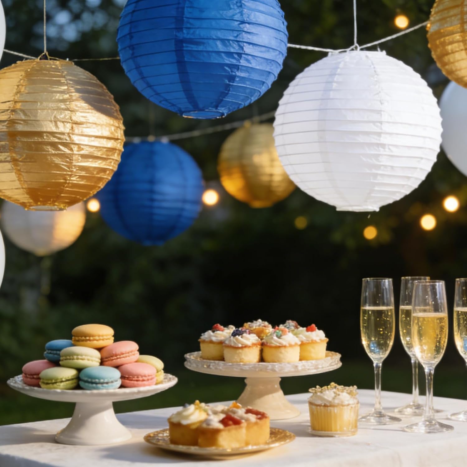 Detalle de We Moment Zone 12pcs Blue and Gold Paper Lanterns