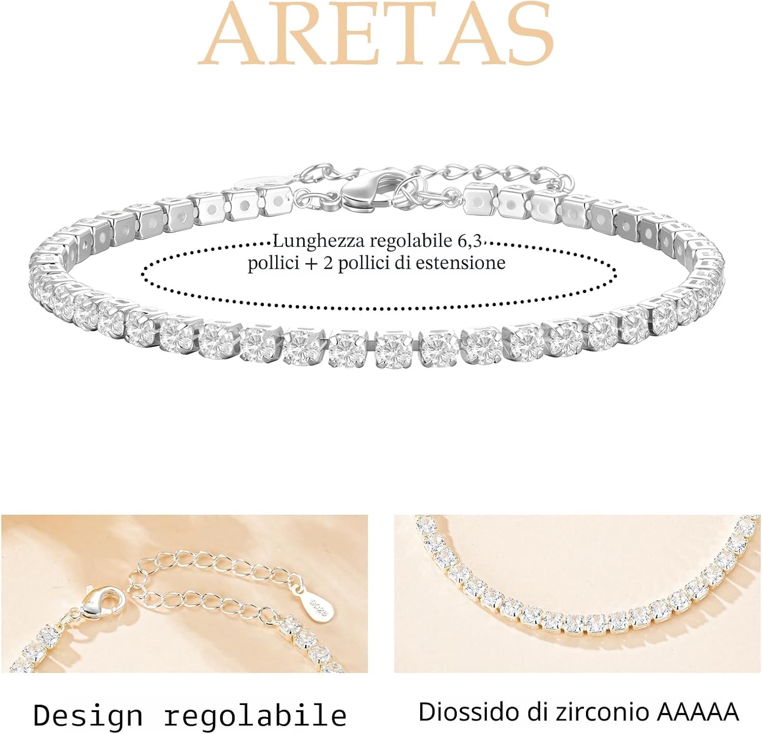 Detalle de Aretas Bracciale da donna in argento Sterling 925 regolabile con zirconi – regalo elegante