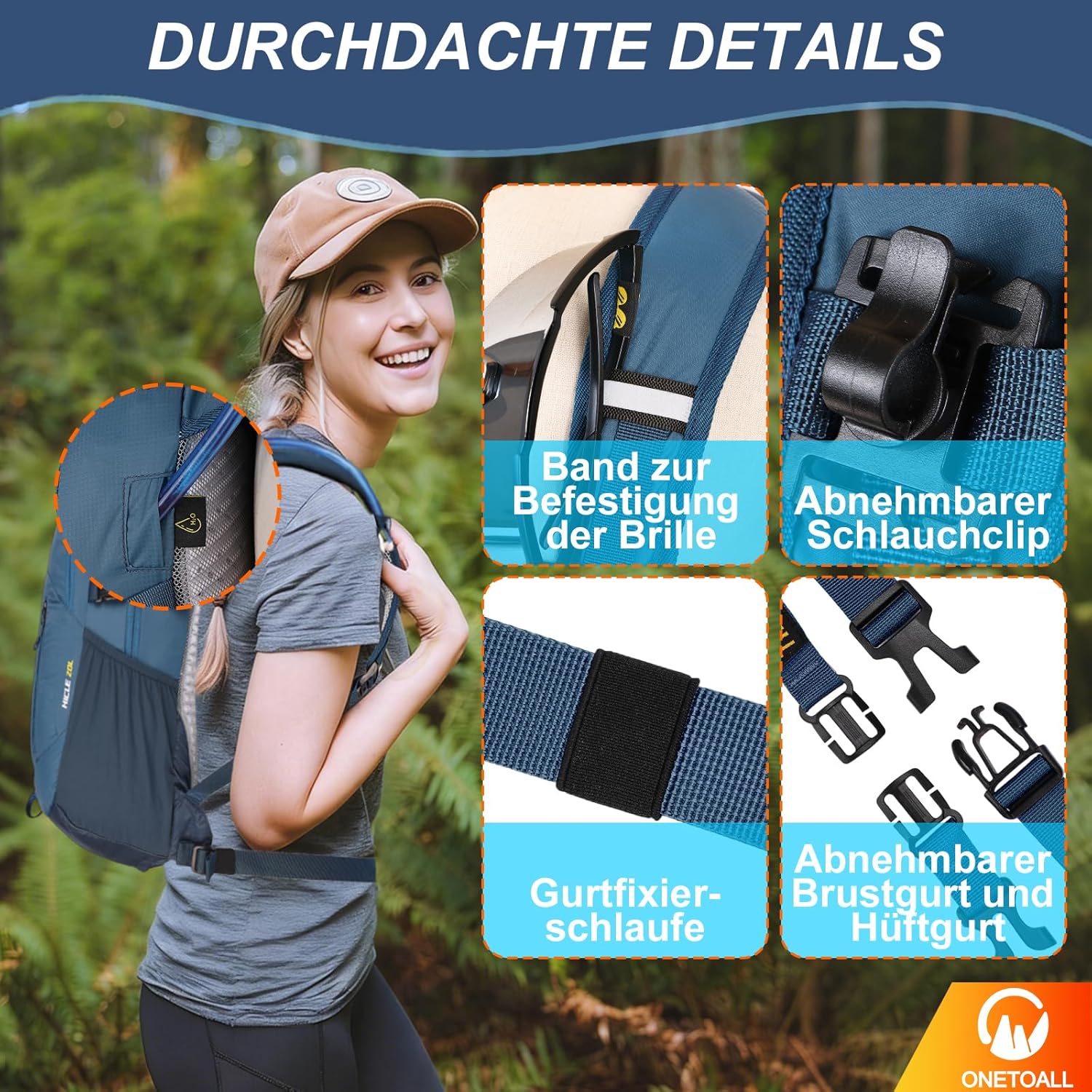 Detalle de ONETOALL Wanderrucksack Damen – 30 L, leicht, wetterfest und mit Rückenbelüftung